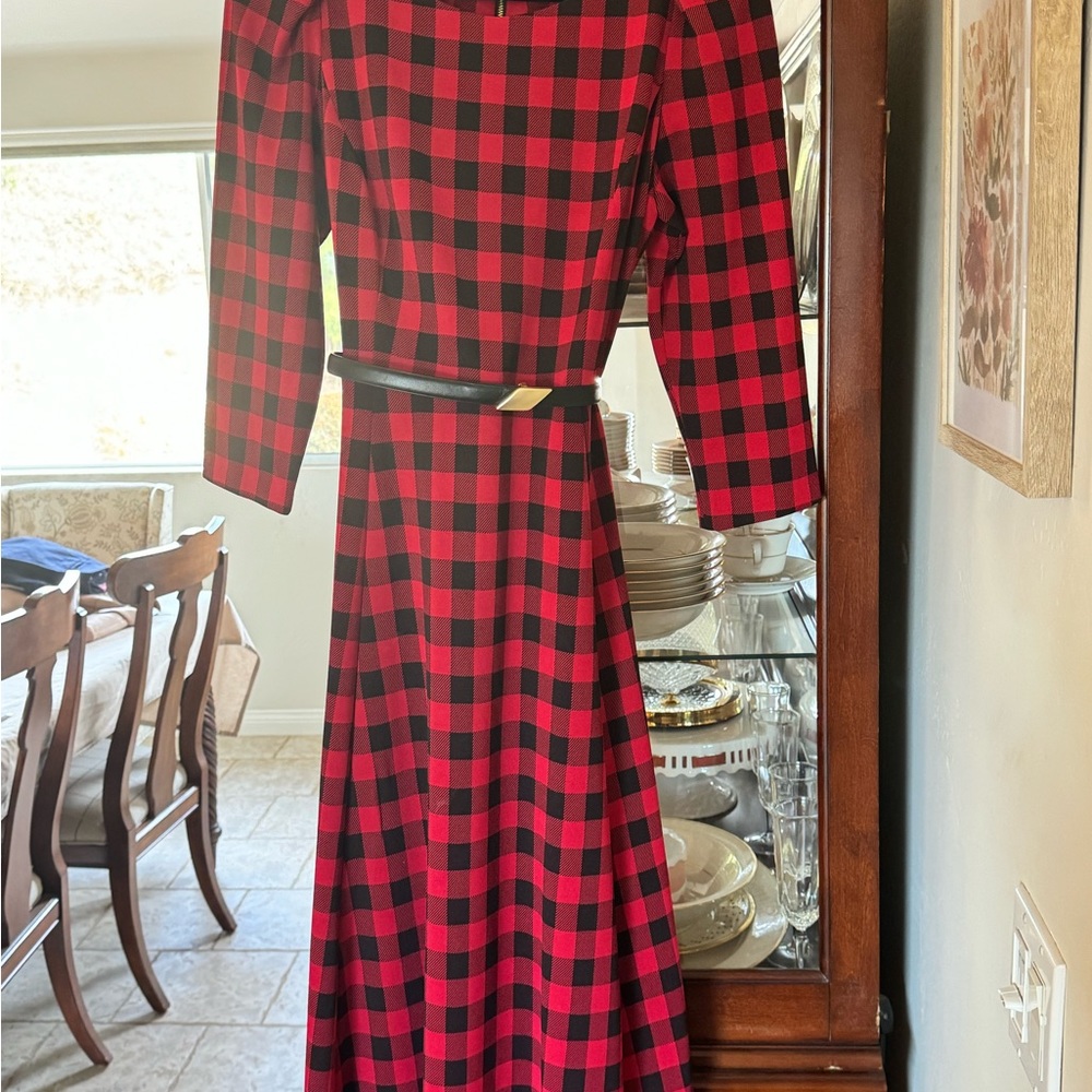 Buffalo Womens Belted Calf Midi Dress (Red and Black) Size 12 - Picture 3 of 6